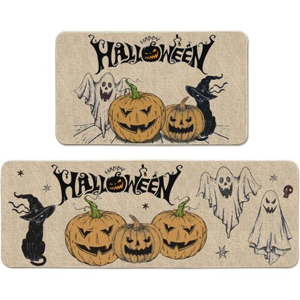 Set of 2; Halloween Decorative Kitchen Mats - Cute Pumpkin Ghost Cat Decor Rug